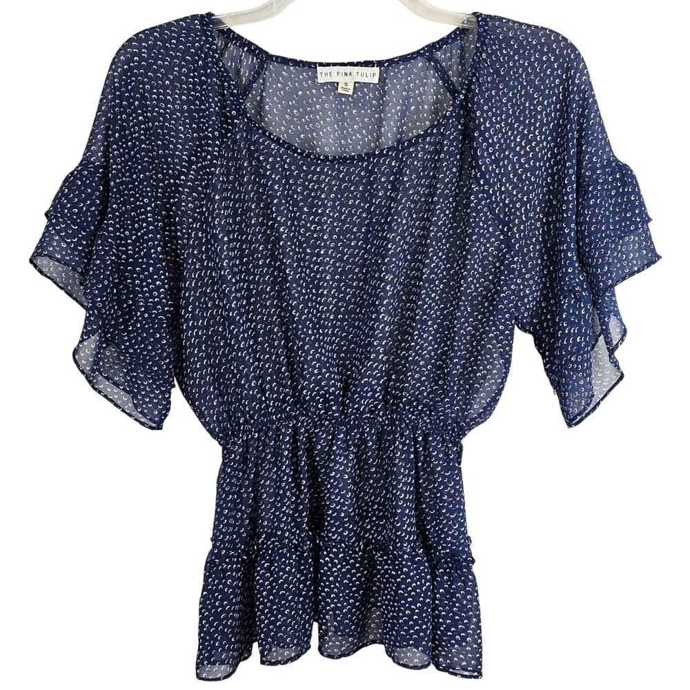 The Pink Tulip Navy Silk Blend‎ Peplum Blouse Flutter Sleeve Whimsical Print